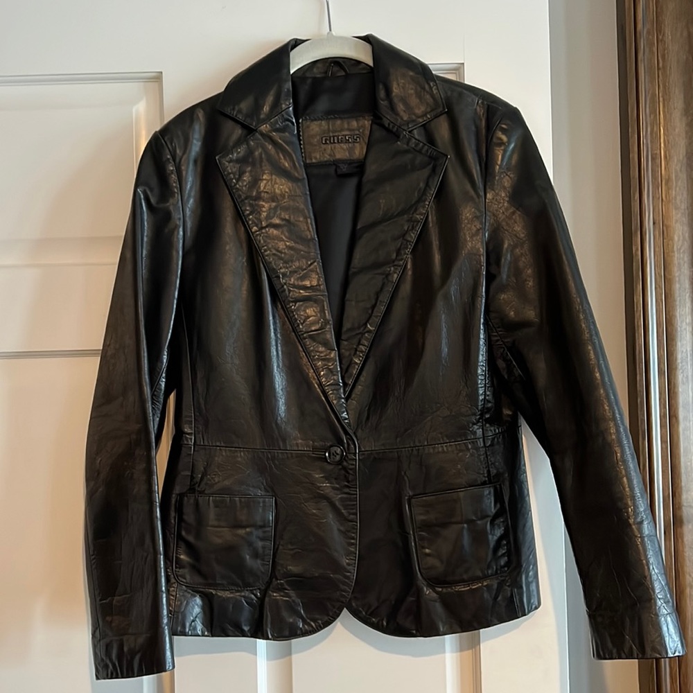 GUESS distressed genuine black leather one button closure blazer womens medium.